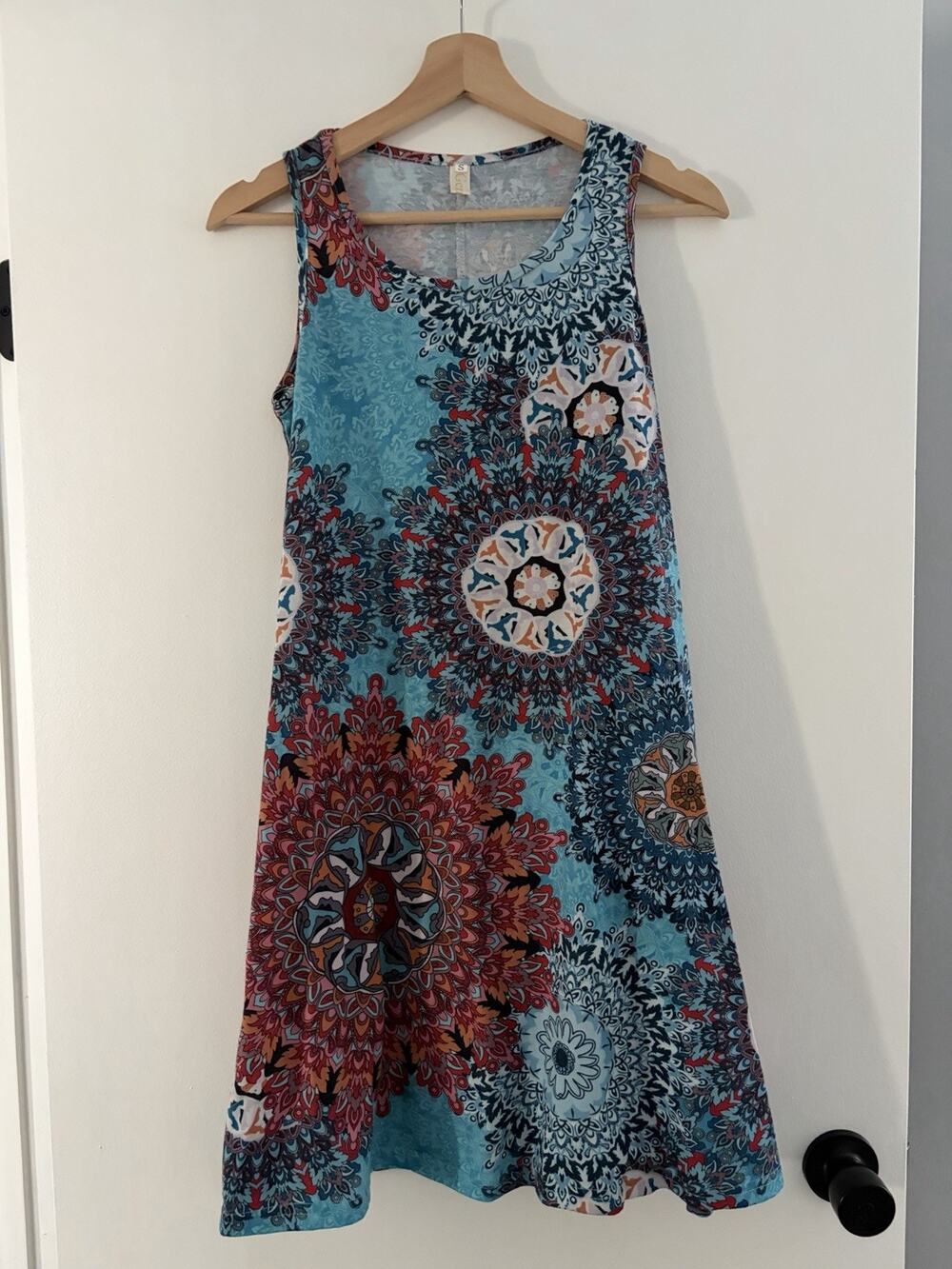 Women’s Tank Sun Dress Flowy Geometric Paisley Blue Orange Size Small Bright